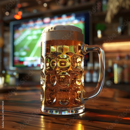 Cold beer mug with droplets against TV football match