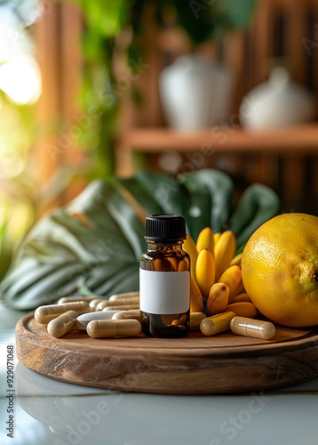 one Vitamin supplement with black lids and white bottle stickers in the middle, The background is lifestyle scense,noni fruit ,bright tone
 photo