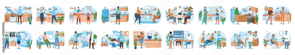 Bundle of different concepts with people scene in flat cartoon design. Life situations in the kitchen and in the medical office are depicted in this collection. Vector illustration. Bundle of different concepts with people scene in flat cartoon design. Life situations in the kitchen and in the medical office are depicted in this collection. Vector illustration.