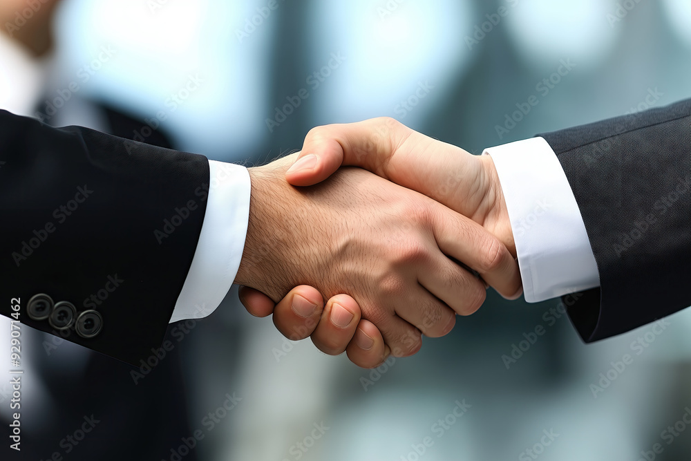 Close-up of handshake between two men in suits Close-up of handshake between two men in suits