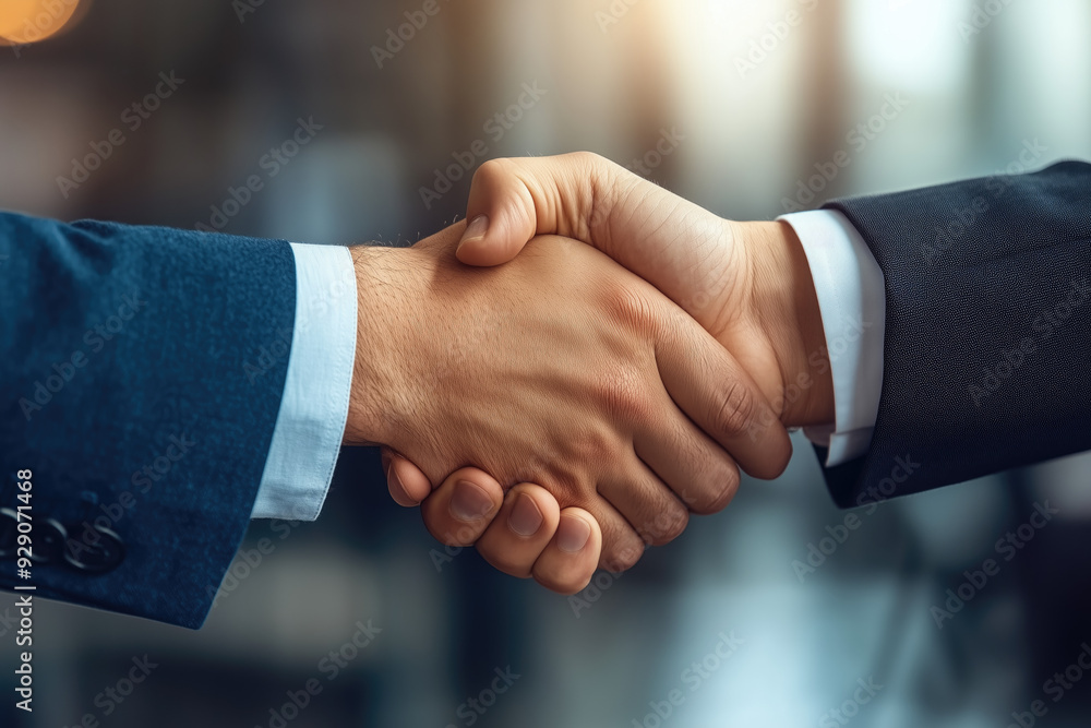 Handshake of two men in suits close-up symbolizing partnership, agreement in business Handshake of two men in suits close-up symbolizing partnership, agreement in business