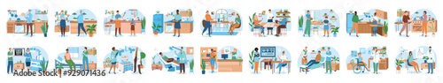 Bundle of different concepts with people scene in flat cartoon design. Life situations in the kitchen and in the medical office are depicted in this collection. Vector illustration.