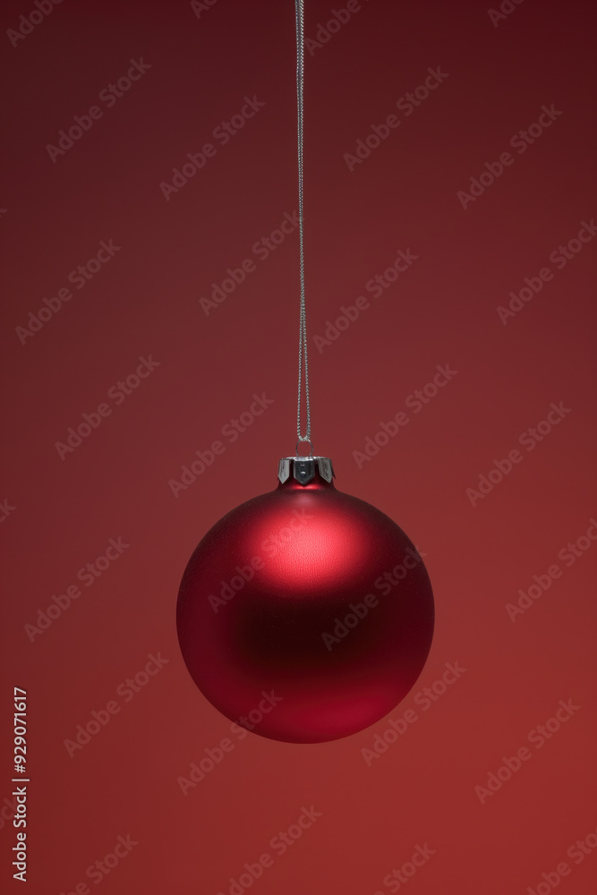 Red Christmas ornament ball hanging on string against red background Red Christmas ornament ball hanging on string against red background