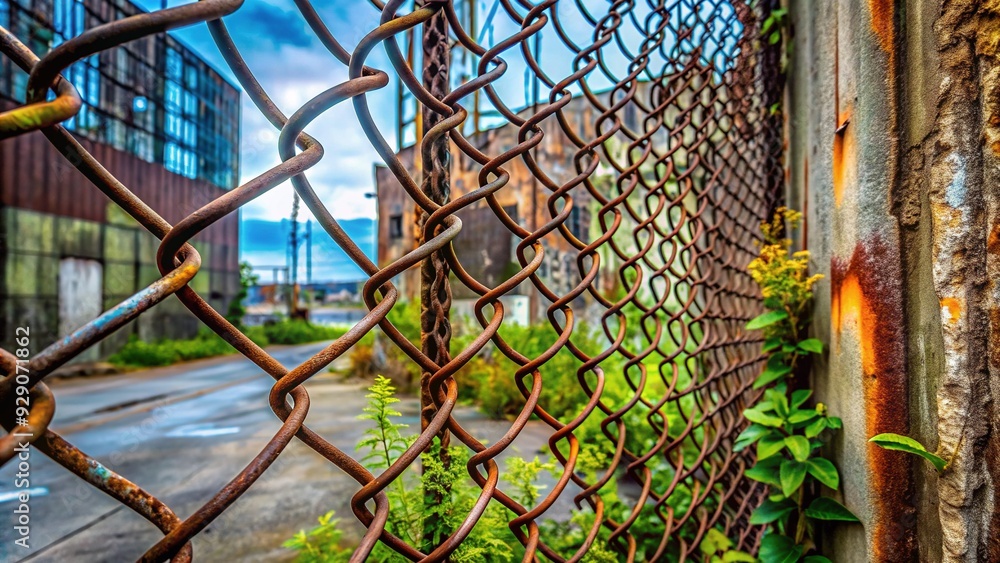Rusted metal chain-link fence encloses a worn, graffiti-covered concrete wall, with weeds growing through the cracks, in a neglected urban industrial landscape. Rusted metal chain-link fence encloses a worn, graffiti-covered concrete wall, with weeds growing through the cracks, in a neglected urban industrial landscape.