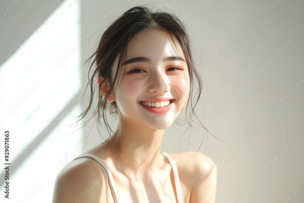 Beautiful young Asian woman smiling and happy created with Generative AI Beautiful young Asian woman smiling and happy created with Generative AI
