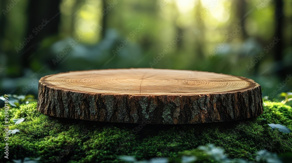 Wooden Podium on Mossy Ground in Forest with Green Background for Product Presentation - Close-Up of Wood Slice with Copy Space Wooden Podium on Mossy Ground in Forest with Green Background for Product Presentation - Close-Up of Wood Slice with Copy Space