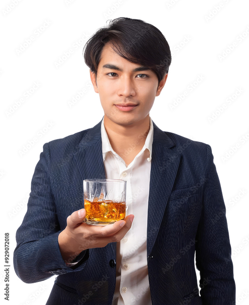 A young businessman wearing a suit holding a glass of whiskey, exuding confidence and style in a professional setting. A young businessman wearing a suit holding a glass of whiskey, exuding confidence and style in a professional setting.