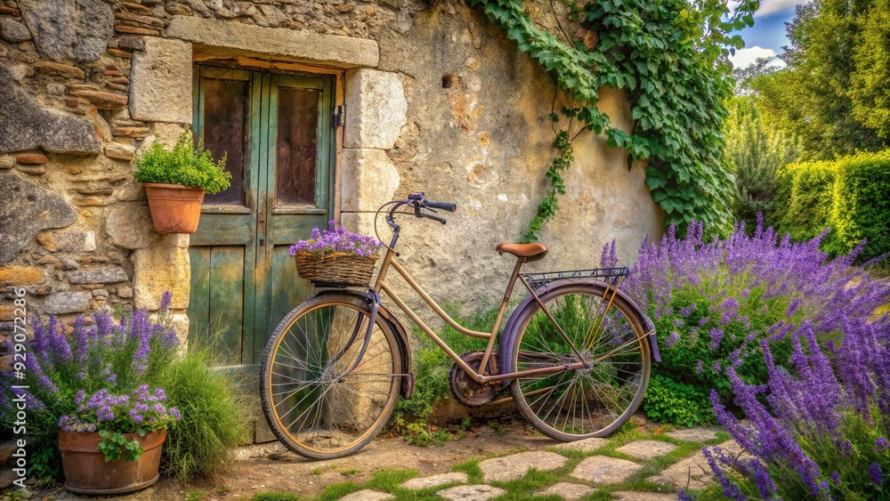 Rustic antique bicycle leans against worn stone wall of ancient French villa, surrounded by overgrown vines and faded lavender blooms, evoking nostalgia. Rustic antique bicycle leans against worn stone wall of ancient French villa, surrounded by overgrown vines and faded lavender blooms, evoking nostalgia.