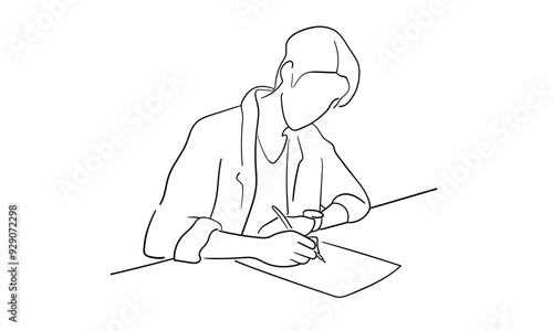 Guy writes, continuous line art drawing isolated on white background. Vector illustration