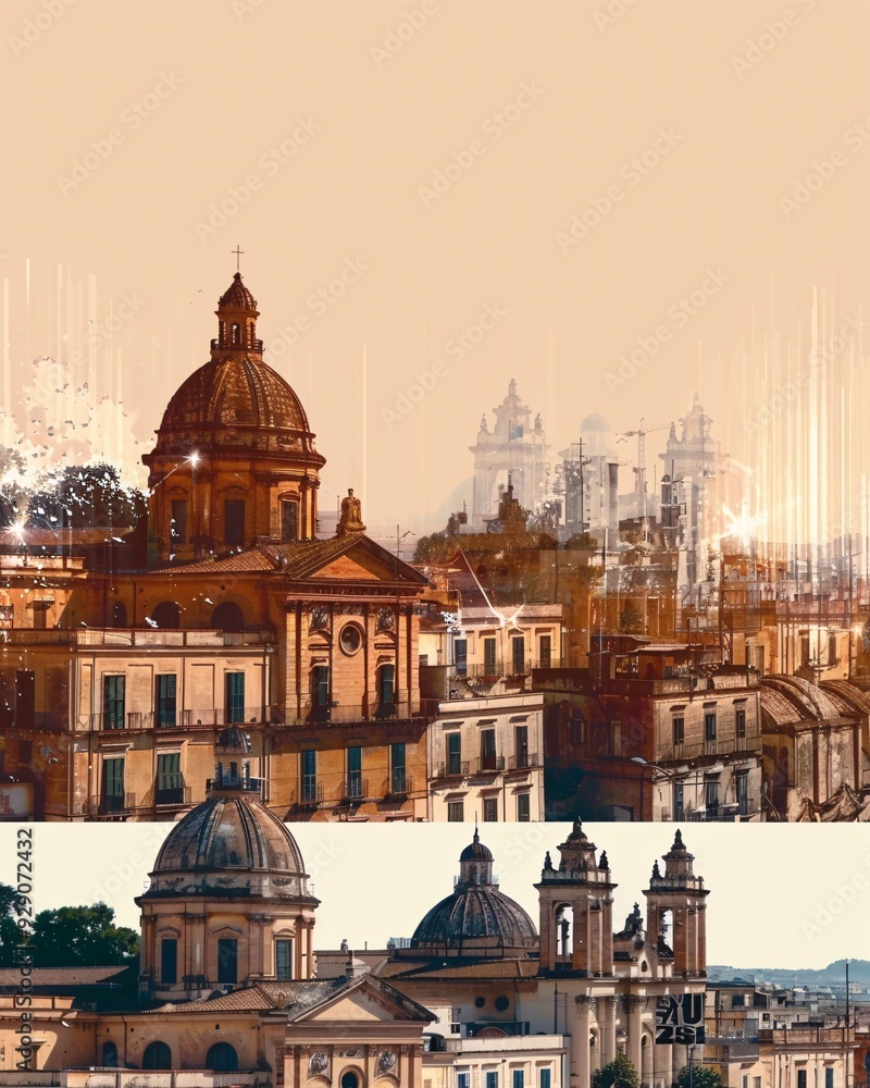 Fototapeta premium Sicily Skyline Double Exposure Art Poster - A group of buildings with a dome roof