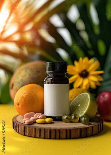 one Vitamin supplement with black lids and white bottle stickers in the middle, The background is lifestyle scense,noni fruit ,bright tone
 photo