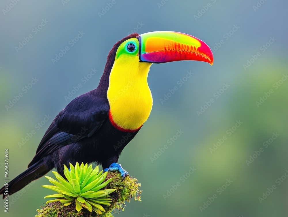Fototapeta premium A vibrant toucan perched on a mossy branch in a lush tropical rainforest at dawn