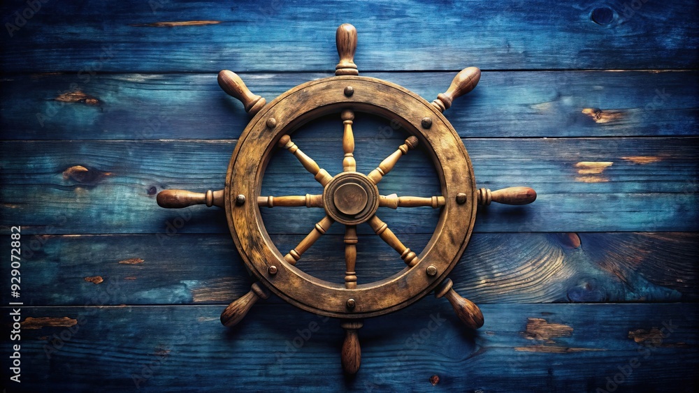 Obraz premium Rustic, distressed wooden steering wheel, adorned with worn brass fittings, rests on a faded navy blue background, evoking nostalgic memories of bygone nautical adventures.
