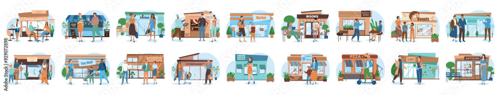 Bundle of street shop concepts with people scene in flat cartoon design. A large selection of colorful images of men and women against the background of street shops. Vector illustration. Bundle of street shop concepts with people scene in flat cartoon design. A large selection of colorful images of men and women against the background of street shops. Vector illustration.