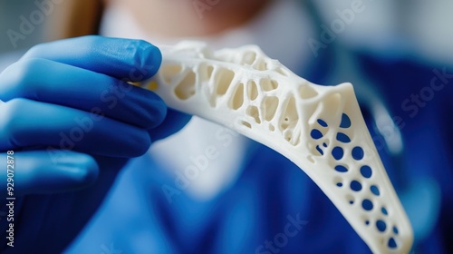 A healthcare worker holds a 3D-printed bone model to study its structure and potential applications in patient treatment photo