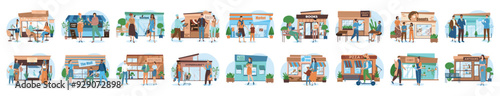 Bundle of street shop concepts with people scene in flat cartoon design. A large selection of colorful images of men and women against the background of street shops. Vector illustration.