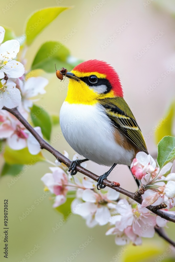 Colorful bird perched on a blooming branch, catching insects in springtime sunlight Colorful bird perched on a blooming branch, catching insects in springtime sunlight