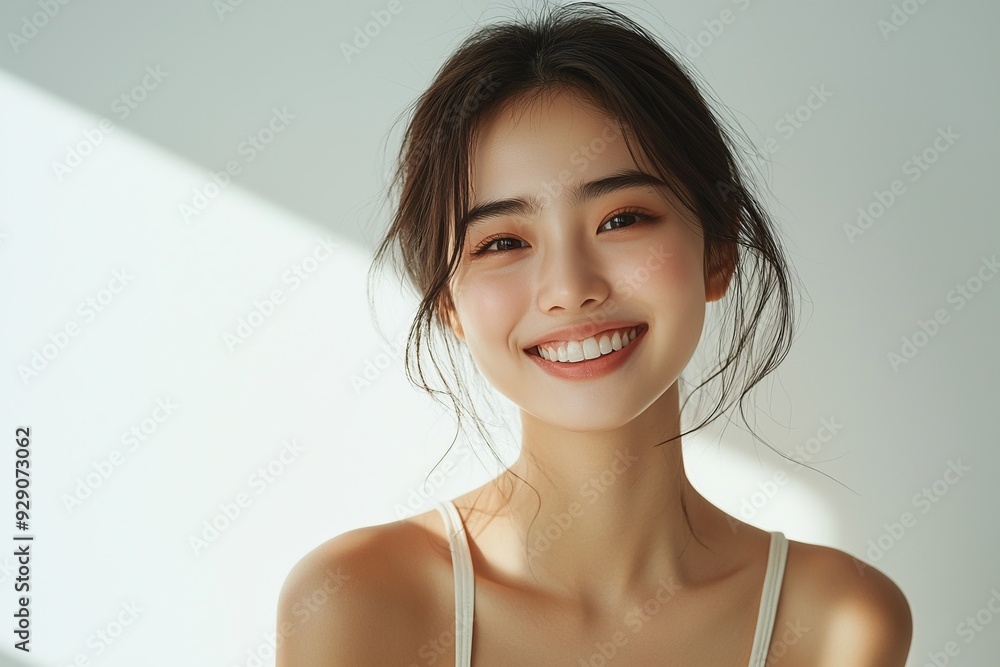 Beautiful young Asian woman smiling and happy created with Generative AI Beautiful young Asian woman smiling and happy created with Generative AI
