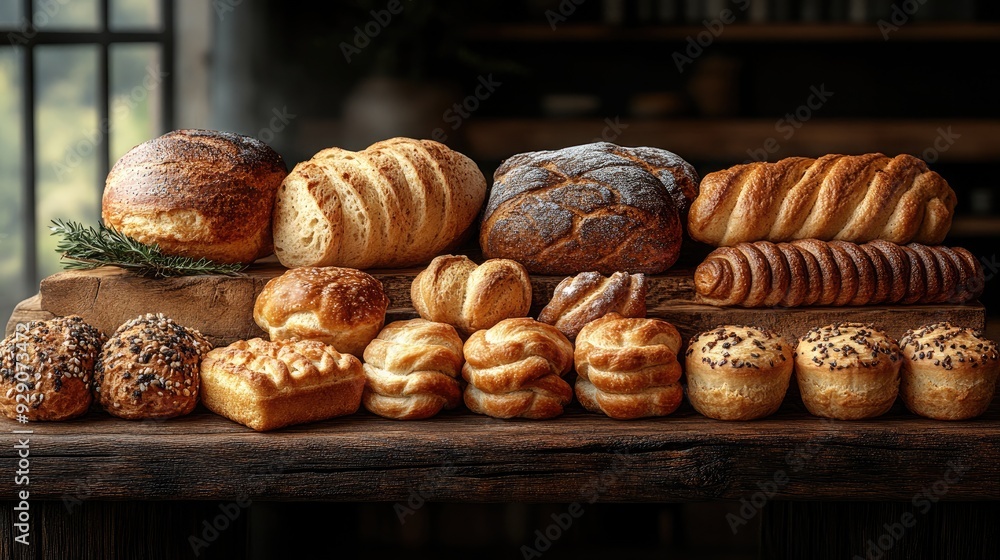 Freshly Baked Artisan Bread and Pastries Arranged on a Rustic Table Freshly Baked Artisan Bread and Pastries Arranged on a Rustic Table