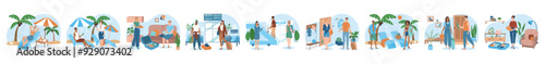Mega set of travel concepts with people scene in flat cartoon design. These simple illustrations depict travel situations with detailed backgrounds. Vector illustration.