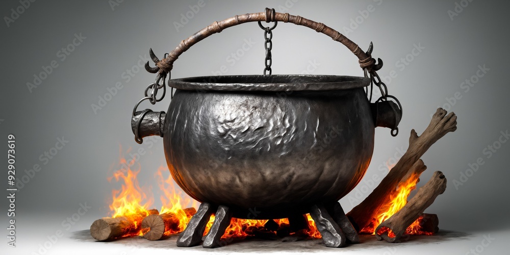 A witch's cauldron made of wrought iron placed on the bonfire. Halloween decorations on a white and gray background. Halloween illustration A witch's cauldron made of wrought iron placed on the bonfire. Halloween decorations on a white and gray background. Halloween illustration
