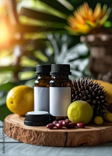 one Vitamin supplement with black lids and white bottle stickers in the middle, The background is lifestyle scense,noni fruit ,bright tone
 photo