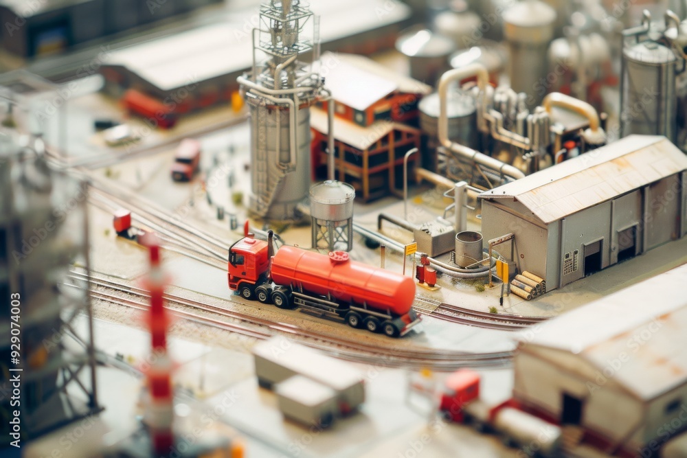 A vivid red tanker truck navigates a complex network of pipes and buildings within an industrial facility, highlighting efficiency and movement. A vivid red tanker truck navigates a complex network of pipes and buildings within an industrial facility, highlighting efficiency and movement.
