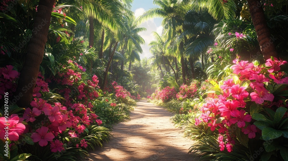 Lush Tropical Garden with Vibrant Flowers and Palm Trees Lush Tropical Garden with Vibrant Flowers and Palm Trees