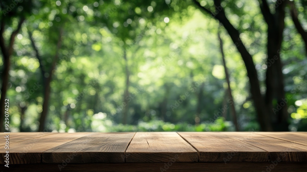 Wooden Tabletop with Defocused Green Forest Background Wooden Tabletop with Defocused Green Forest Background