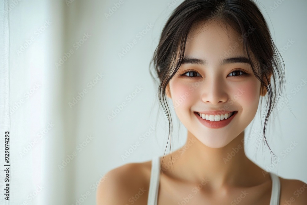 Beautiful young Asian woman smiling and happy created with Generative AI Beautiful young Asian woman smiling and happy created with Generative AI