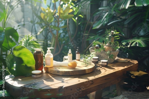 A sunlit table adorned with eco-friendly skincare products, surrounded by lush green plants, promoting a natural and wellness-themed setting. photo