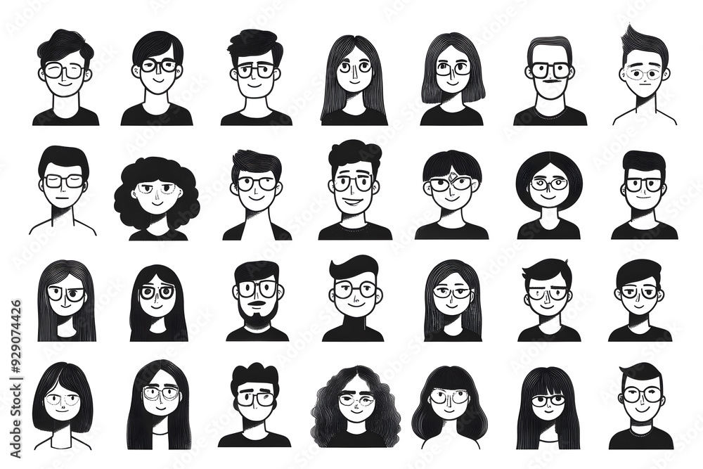 Black cartoon hand drawn characters for avatar collection isolated on white background. Simple shapes and lines people for mobile game or app interface Black cartoon hand drawn characters for avatar collection isolated on white background. Simple shapes and lines people for mobile game or app interface