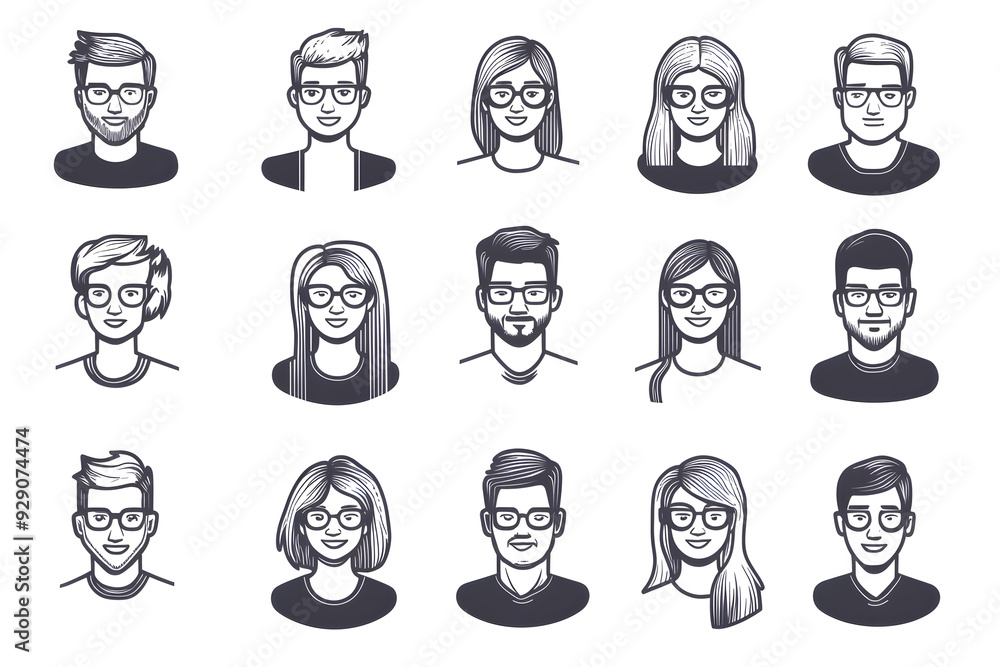 Black cartoon hand drawn characters for avatar collection isolated on white background. Simple shapes and lines people for mobile game or app interface Black cartoon hand drawn characters for avatar collection isolated on white background. Simple shapes and lines people for mobile game or app interface