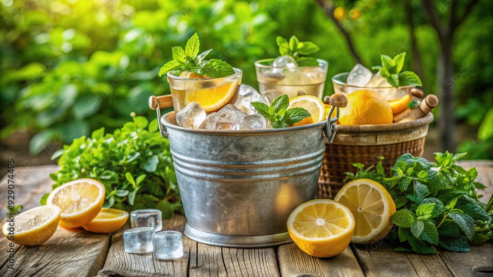 Rustic tin bucket filled with refreshing drinks and ice, surrounded by lush greenery and a few slices of lemon, perfect for a summer outdoor gathering. Rustic tin bucket filled with refreshing drinks and ice, surrounded by lush greenery and a few slices of lemon, perfect for a summer outdoor gathering.