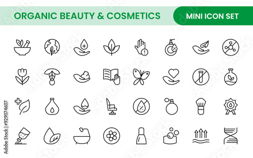 Organic Beauty and Cosmetics product outline icon set. editable line icon collection.