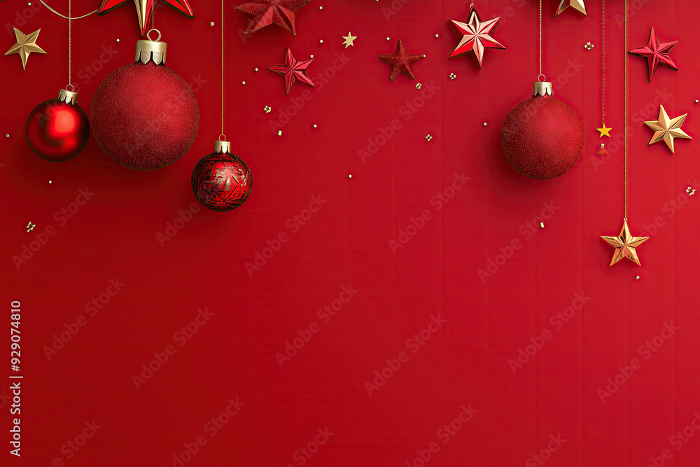 Christmas background with New Year decorations, red balls, golden stars Christmas background with New Year decorations, red balls, golden stars