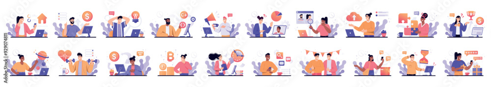 Mega set of color simple concepts with people scene in flat cartoon design. A big collection of scenes with men and women in various situations in purple, yellow and pink colors. Vector illustration. Mega set of color simple concepts with people scene in flat cartoon design. A big collection of scenes with men and women in various situations in purple, yellow and pink colors. Vector illustration.