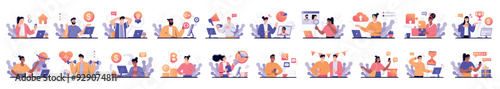 Mega set of color simple concepts with people scene in flat cartoon design. A big collection of scenes with men and women in various situations in purple, yellow and pink colors. Vector illustration.