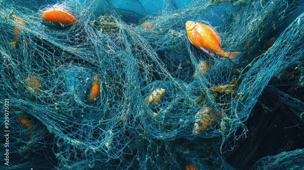 Bright orange fish struggle against an entangled fishing net submerged in clear blue water Bright orange fish struggle against an entangled fishing net submerged in clear blue water