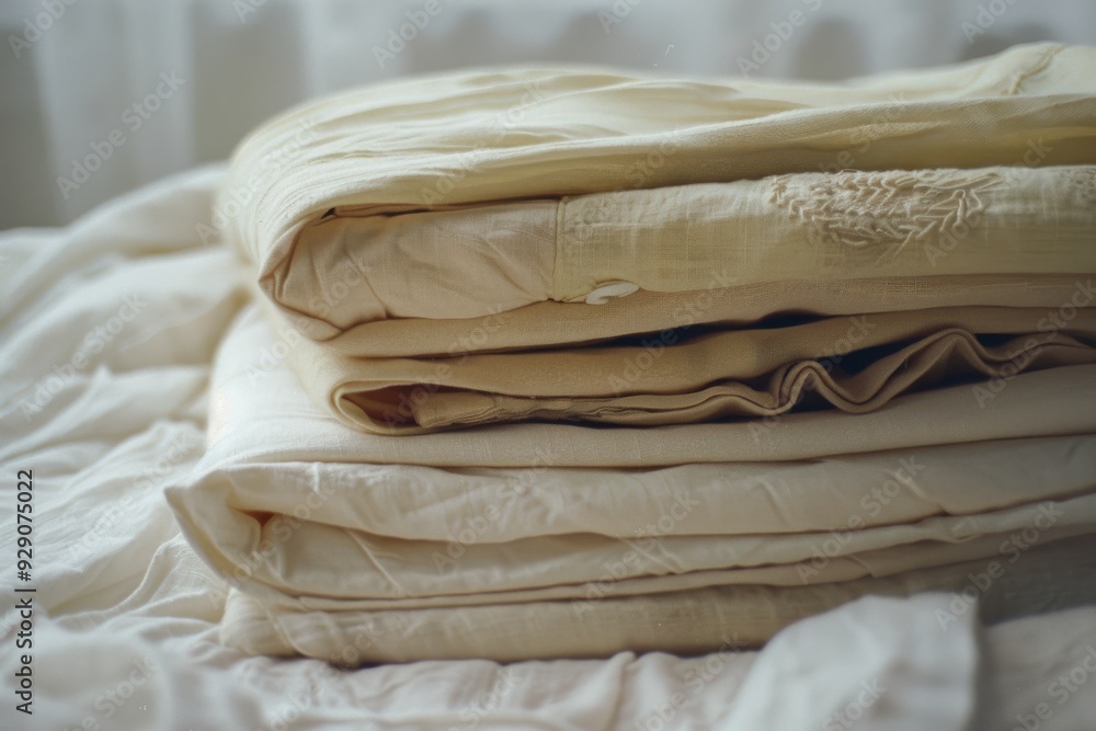 A neatly stacked pile of folded, off-white linens that suggest warmth, comfort, and neatness in a serene, cozy setting. A neatly stacked pile of folded, off-white linens that suggest warmth, comfort, and neatness in a serene, cozy setting.