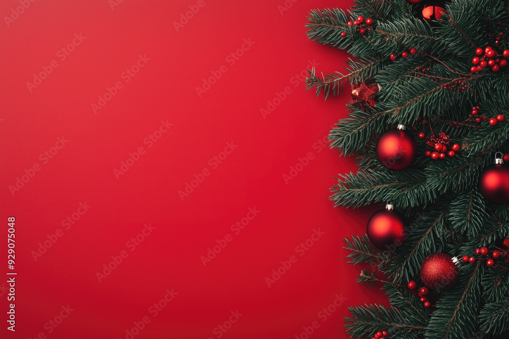 Christmas decorations on red background, copy space Christmas decorations on red background, copy space