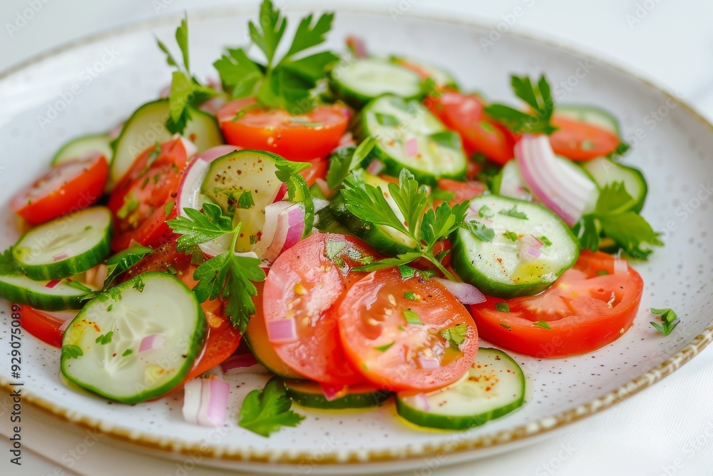 A fresh and vibrant salad of sliced cucumbers, tomatoes, and red onions garnished with parsley, radiates health and freshness on a white plate. A fresh and vibrant salad of sliced cucumbers, tomatoes, and red onions garnished with parsley, radiates health and freshness on a white plate.