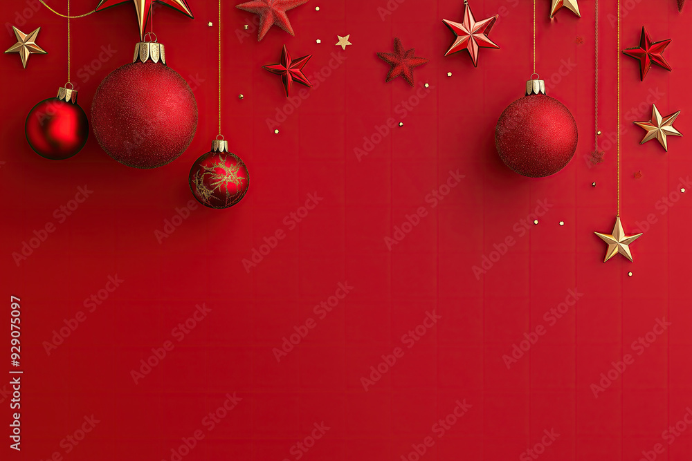 Red and gold Christmas ornaments with festive stars copy space Red and gold Christmas ornaments with festive stars copy space