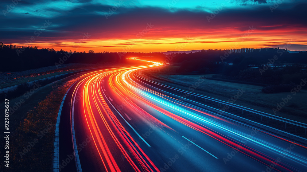 Sunset highway with neon glow from headlights with long exposure Sunset highway with neon glow from headlights with long exposure