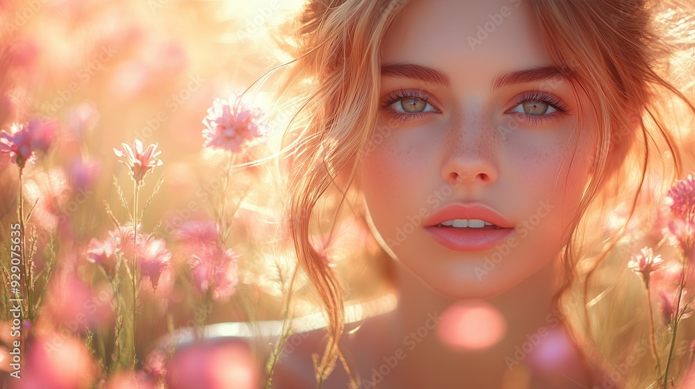 A young woman gazes softly, illuminated by warm light, amidst a vibrant field of blooming flowers. A young woman gazes softly, illuminated by warm light, amidst a vibrant field of blooming flowers.
