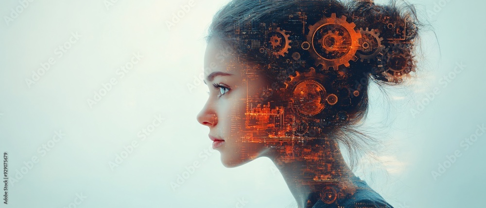 Mechanically Minded Woman: Double Exposure of Innovation, Intelligence, and Strength Mechanically Minded Woman: Double Exposure of Innovation, Intelligence, and Strength