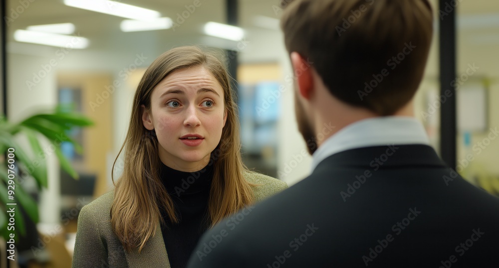 © ME_Photography - A woman speaks to a man in a professional environment, showcasing an engaging discussion amidst office decor.
