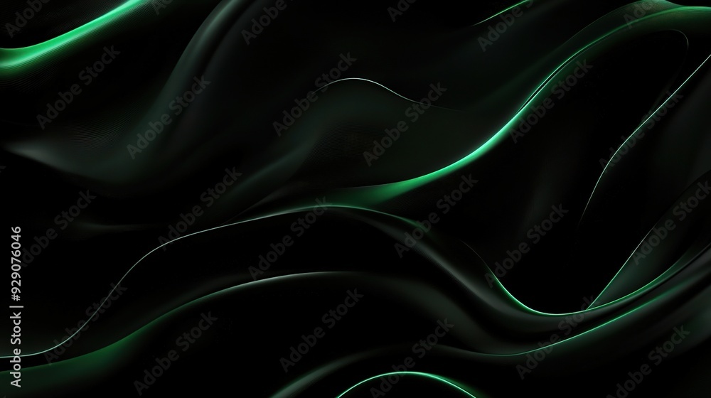 Obraz premium Abstract Green Silk Waves: A mesmerizing abstract background featuring flowing, luminous green silk waves against a deep black backdrop. 