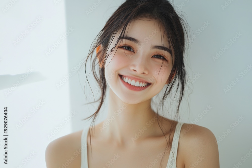 Beautiful young Asian woman smiling and happy created with Generative AI Beautiful young Asian woman smiling and happy created with Generative AI