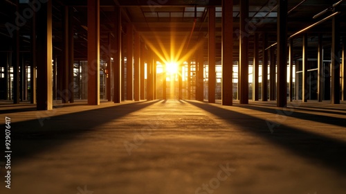 Sunlight beams through an abandoned industrial warehouse, casting long shadows on the floor, creating a dramatic and moody atmosphere.